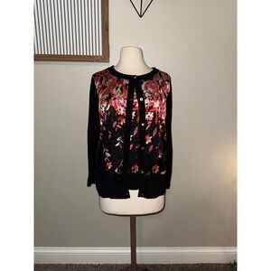 ST. John Black Floral Print Silk Cashmere Blend Cardigan Sweater Set Women